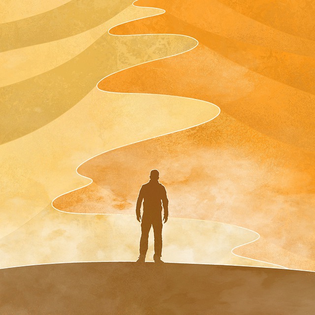 Illustration of a lone figure on a hilltop looking down a winding path through orange desert dunes