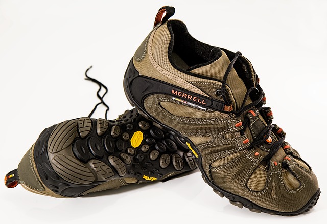 Hiking Shoes on a White Background Pair of brown hiking shoes with black soles and orange laces on a white background
